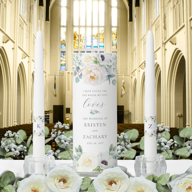 Elegant White Floral Greenery Christian Wedding Unity Candle Set (Kristen unity candle with beautiful white roses and eucalyptus greenery)