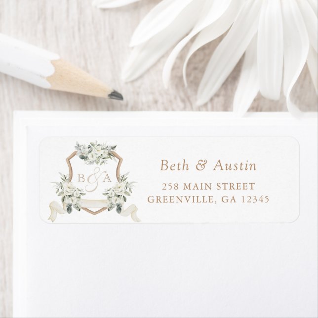 Elegant White Floral Greenery Crest Return Address Label (Insitu)