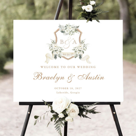 Elegant White Floral Greenery Crest Welcome Sign