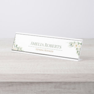 Elegant White Floral Greenery Custom Office Desk Name Plate
