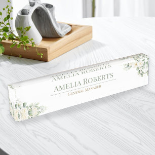 Elegant White Floral Greenery Custom Office Desk Name Plate