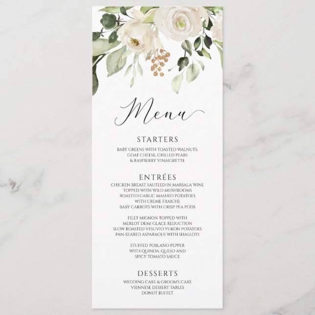 Elegant White Floral Greenery Foliage Wedding Menu (Front)