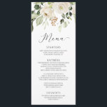 Elegant White Floral Greenery Foliage Wedding Menu<br><div class="desc">Elegant Greenery and White Floral Watercolor Wedding Menu: This elegant,  floral wedding menu features a unique white floral and greenery bouquet at the top. The back holds your initials in a matching greenery frame. You can add more text to the back by clicking "customize further".</div>