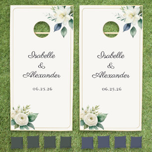 Elegant White Floral Greenery Fun Custom Wedding Cornhole Set