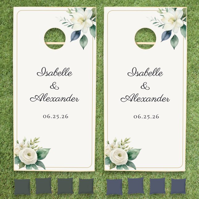 Elegant White Floral Greenery Fun Custom Wedding Cornhole Set (A floral cornhole set for a wedding reception, personalized with couple's names and date)