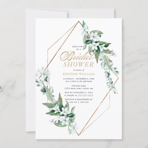 Elegant White Floral Greenery Gold Bridal Shower Invitation