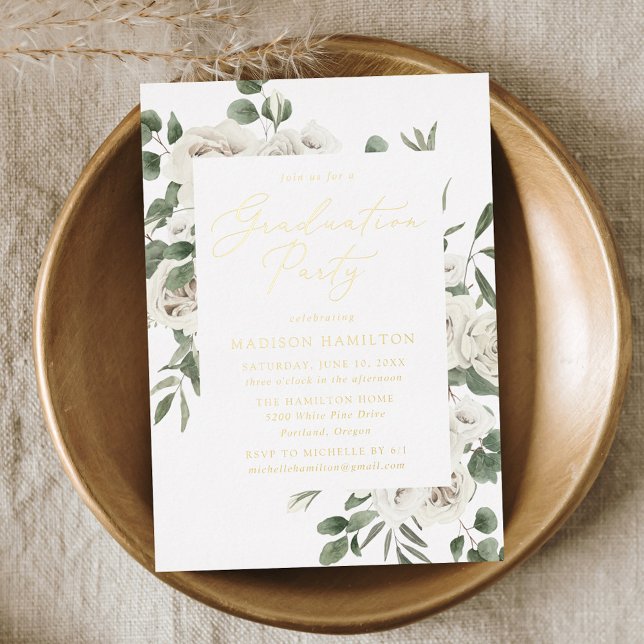 Elegant White Floral Greenery Graduation Party Foil Invitation (Creator Uploaded)