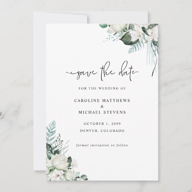 Elegant White Floral Greenery Photo Wedding Save The Date (Front)