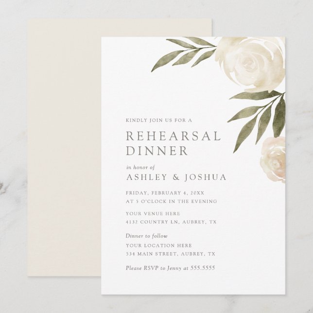 Elegant White Floral Greenery Rehearsal Dinner Inv Invitation (Front/Back)