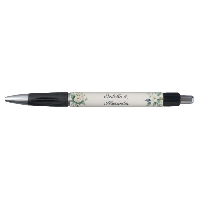 Elegant White Floral & Greenery Wedding Custom Pen (Front)
