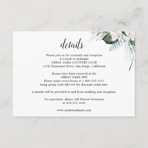 Elegant White Floral Greenery Wedding Details Enclosure Card