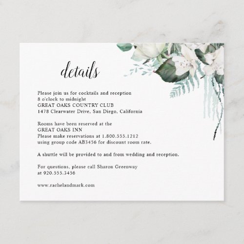 Elegant White Floral Greenery Wedding Details Enclosure Card