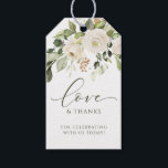 Elegant White Floral Greenery Wedding Favor Gift Tags<br><div class="desc">Elegant White Floral & Greenery Favor Tags: These unique favor tags feature a watercolor painted floral bouquet in white and sage green. The word "love" is in a luxury calligraphy script. The back has your initials & wedding date in a matching watercolor wreath design Simply enter your names, wedding date,...</div>