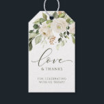 Elegant White Floral Greenery Wedding Favor Gift Tags<br><div class="desc">Elegant White Floral & Greenery Favor Tags: These unique favor tags feature a watercolor painted floral bouquet in white and sage green. The word "love" is in a luxury calligraphy script. The back has your initials & wedding date in a matching watercolor wreath design Simply enter your names, wedding date,...</div>