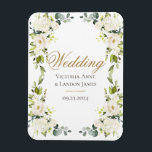 Elegant White Floral Greenery Wedding Magnet<br><div class="desc">Pretty white flowers with dark elegant greenery mixed with eucalyptus. This is a great “Save the Date” for your refrigerator.</div>