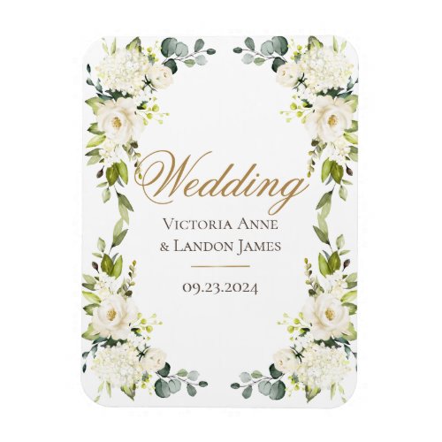 Elegant White Floral Greenery Wedding Magnet