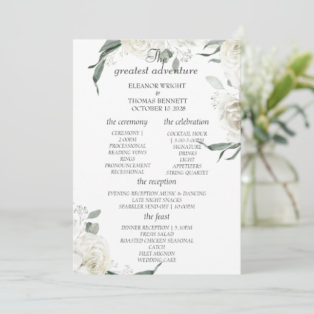 Elegant White Floral Greenery Wedding Program Card (Standing Front)