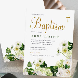 Elegant White Floral Greenery with Cross Baptism Invitation