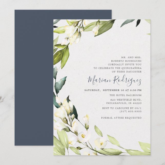 Elegant White Floral Greenery Wreath Quinceañera Invitation (Front/Back)