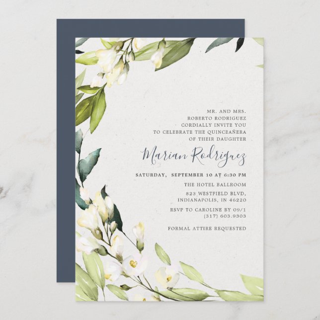 Elegant White Floral Greenery Wreath Quinceañera Invitation (Front/Back)