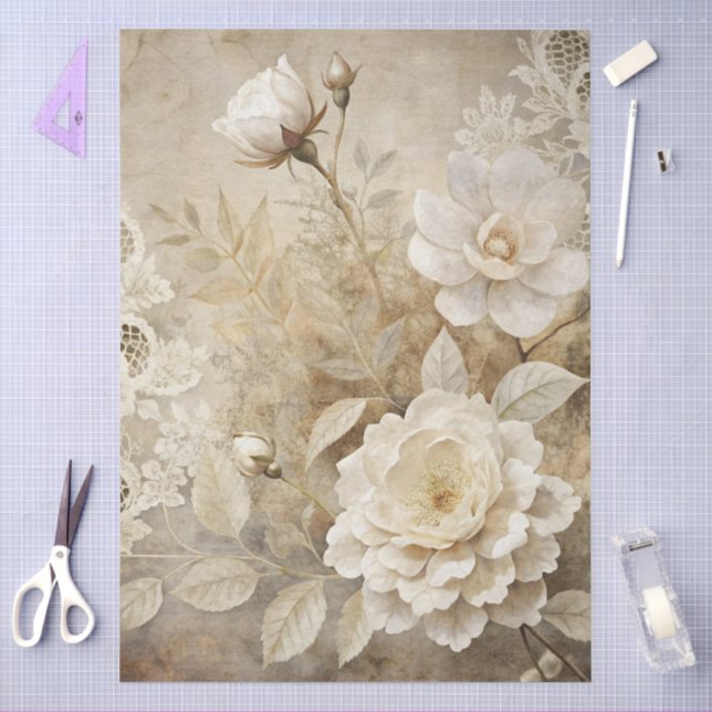 Elegant White Floral Grunge Decoupage Tissue Paper (Craft)