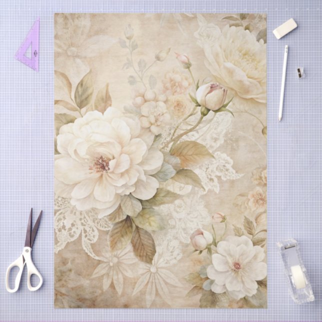 Elegant White Floral Grunge Decoupage Tissue Paper (Craft)