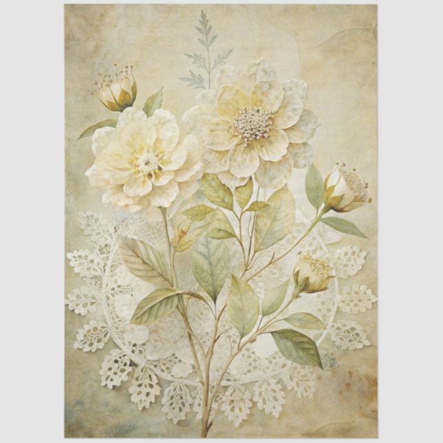 Elegant White Floral Grunge Decoupage Tissue Paper (Front)