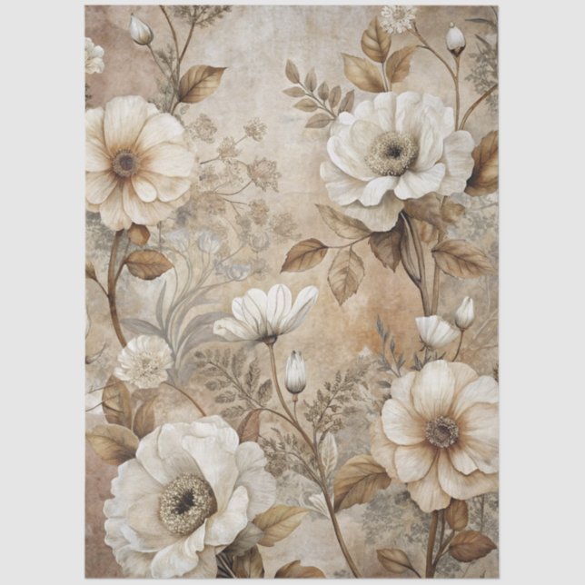Elegant White Floral Grunge Decoupage Tissue Paper (Front)