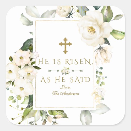 Elegant White Floral He Is Risen Gold Cross Easter Square Sticker