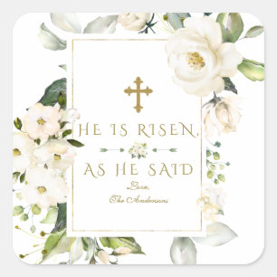 Elegant White Floral He Is Risen Gold Cross Easter Square Sticker