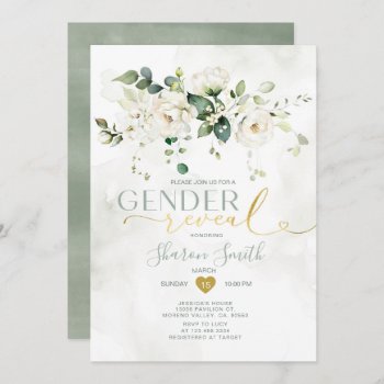 Elegant White Floral He Or She Gender Reveal Invitation by HappyPartyStudio at Zazzle