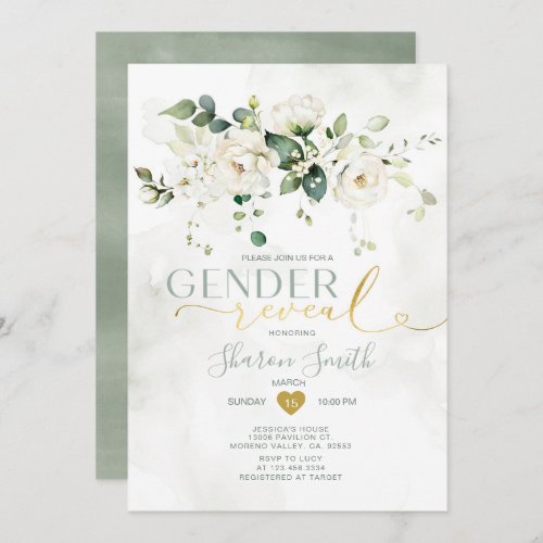 Elegant White Floral He or She Gender Reveal Invitation