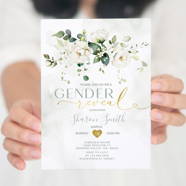 Elegant White Floral He or She Gender Reveal Invitation (Creator Uploaded)