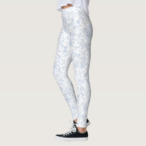 Elegant White Floral Hibiscus Daisies Pattern  Leggings