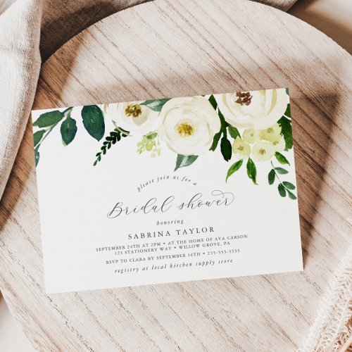 Elegant White Floral Horizontal Bridal Shower Invitation