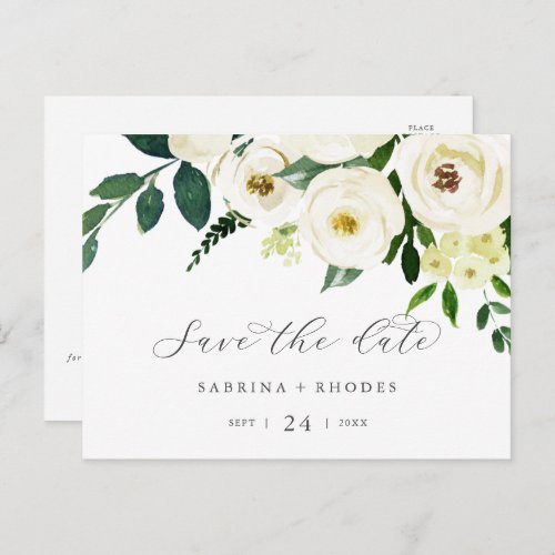 Elegant White Floral Horizontal Save the Date Invitation Postcard