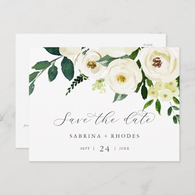 Elegant White Floral Horizontal Save the Date Invitation Postcard (Front/Back)