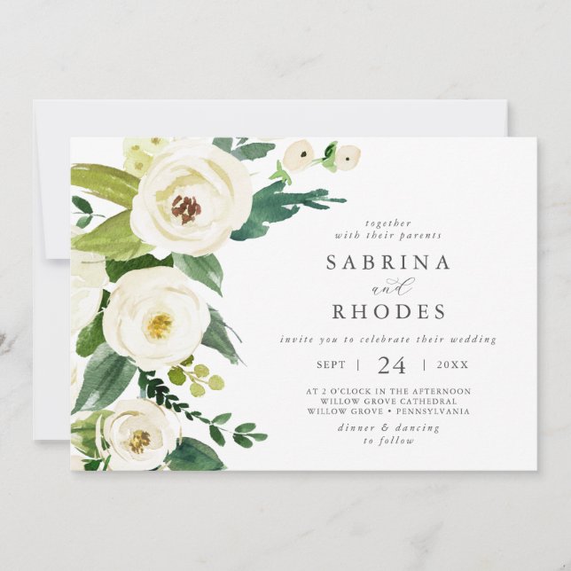 Elegant White Floral Horizontal Wedding Invitation (Front)