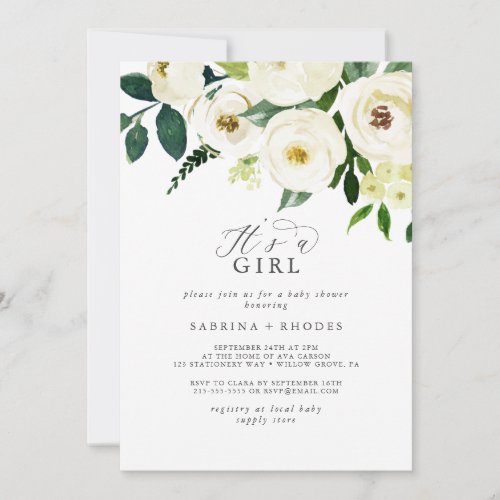 Elegant White Floral Its A Girl Baby Shower Invitation