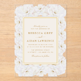 Elegant White Floral Ivory Gold Border Wedding Acrylic Invitations