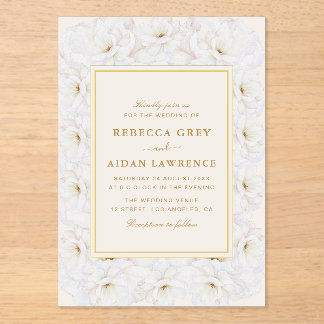 Elegant White Floral Ivory Gold Border Wedding Acrylic Invitations
