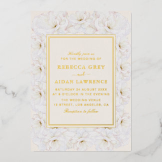 Elegant White Floral Ivory Gold Border Wedding Foil Invitation