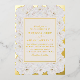 Elegant White Floral Ivory Gold Border Wedding Foil Invitation