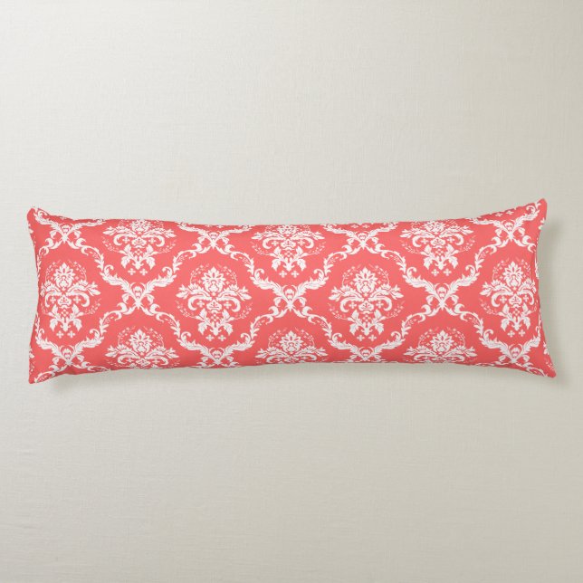 Elegant White Floral Lace Damask Over Coral-Red Body Pillow (Back)