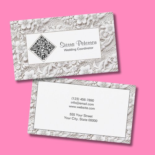 Elegant White Floral Lace Event Planner QR Code Business Card