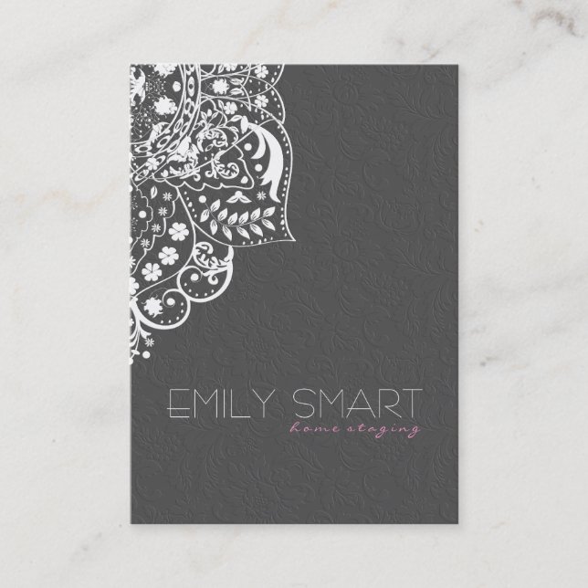 Elegant White Floral Lace & Gray Damask Business Card (Front)