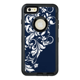 Elegant White Floral Lace Navy-Blue Background OtterBox Defender iPhone Case