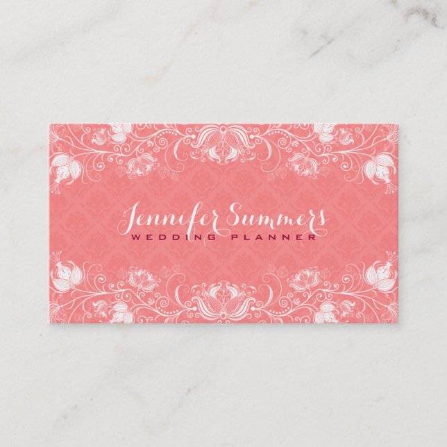 Elegant White Floral Lace Over Coral Damasks Business Card (Front)