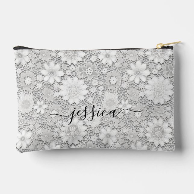 Elegant white floral lace pattern script name accessory pouch (Back)