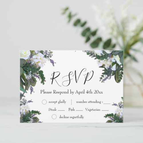 Elegant white floral lavender greenery RSVP card